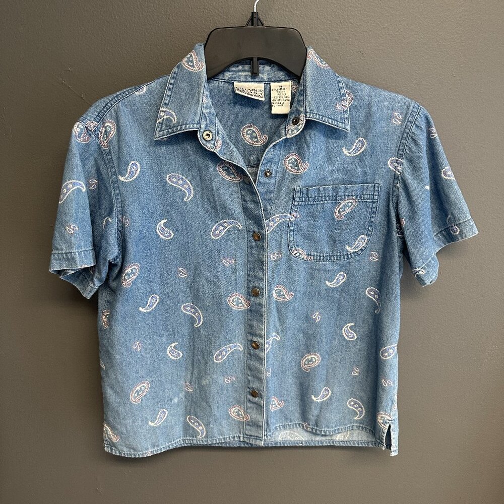 Vtg 90s‎ Village Sport Liz Claiborne Petite Sm Chambray Paisley Snap Button Top
